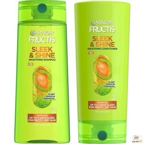 Garnier Fructis Sleek & Shine Shampoo + Conditioner Set (22 Fl Oz & 21 Fl Oz) for Frizzy, Dry Hair - Plant Keratin + Argan Oil