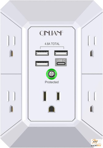 Reliable & Multi-Functional USB Wall Charger with USB Type-A, Type-C & 5 AC Outlets | For Home & Office