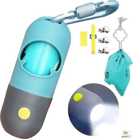 Crystal blue Dog Poop Bag Dispenser with Built-in LED Metal Leash Clip and Flashlight