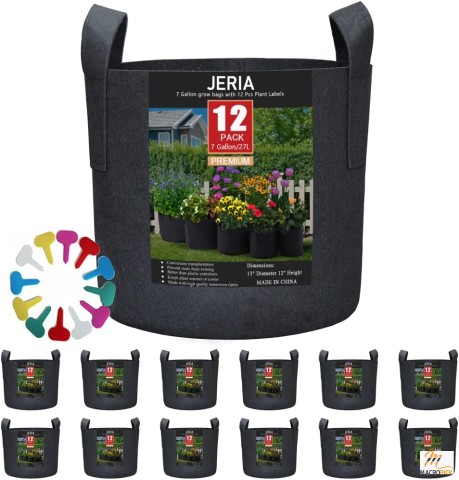 7 Gallon Grow Bags (12-Pack) - Aeration Fabric Pots with Handles in Black, Includes 12 Plant Labels