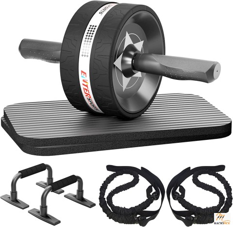 Durable & Easy To Assemble Home Gym Fitness Set for Daily Workout | Including Roller Wheel,Push-Up Bars,Resistance Bands, and Knee Mats