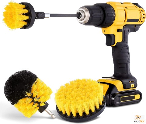 Drill Brush Attachment Set - Yellow Plastic Handle with 3 Sized Brush Heads for Cleaning Bathtub, Shower, Floor, Carpet, Kitchen, Bathroom, and More