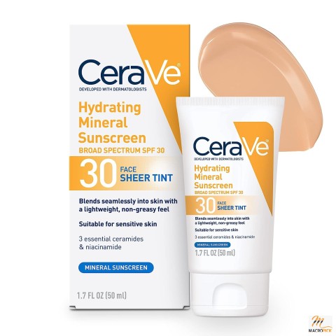 CeraVe Hydrating Mineral Sunscreen with Sheer Tint SPF 30 | Tinted Moisturizer | Blends Seamlessly | 1.7 fl oz
