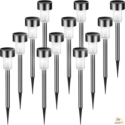 Solar Outdoor Lights 12 Pack - Waterproof Stainless Steel LED Landscape Path Lights for Walkway, Yard, Lawn, Patio