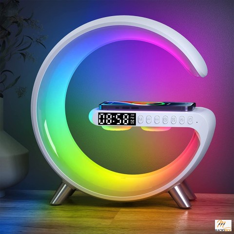 G-Shaped Wireless Charger with Built-in Dimmable Lights,Alarm Clock and Bluetooth Speakers | Can Be Controlled Through Its App