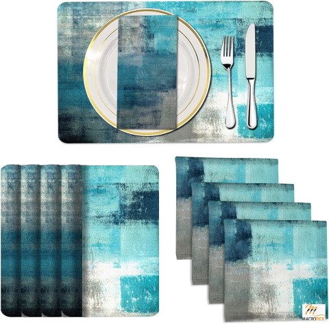 Set of 8 Turquoise Placemats and Cloth Napkins: Modern Abstract Art Painted Design for Kitchen Decor (Placemats 18"x12", Napkins 18"x18")