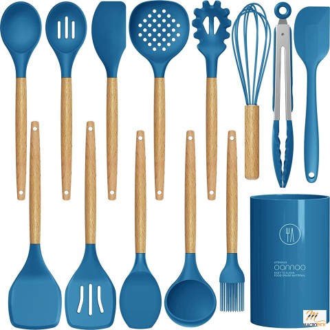 Wooden Handled & Heat-Resistant 14 Pcs Food Grade Silicone Cooking Utensils Kitchen Utensil Set | Multiple Colors Available