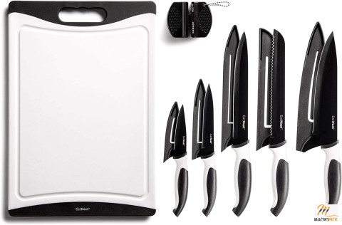 Pack of 5 Black Stainless-Steel Knives with Sheaths,Sharpener and Cutting Board for kitchen