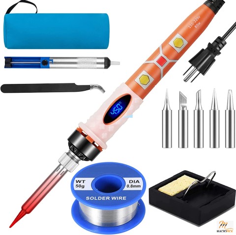 Digital Soldering Iron Kit with Tweezers,Desoldering Pump,Stand,5 Pcs Tips and Leather Storage Bag for Electronics Repairing