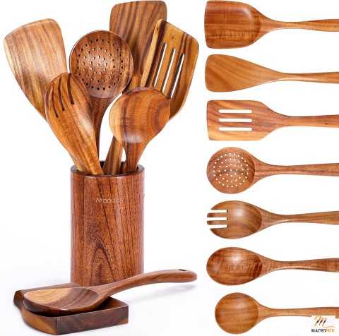 9-Piece Teak Wood Cooking Utensils Set with Holder, Spoon Rest, and Comfort Grip Handles