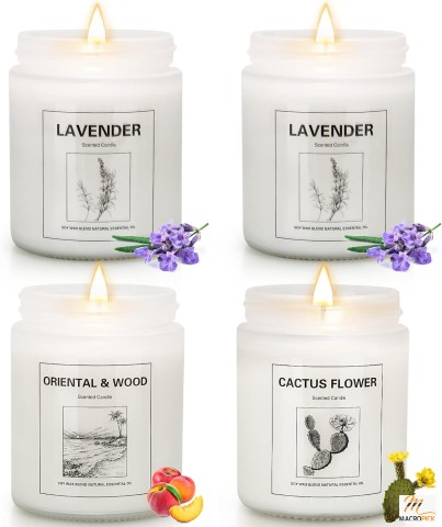 Set of 4 Lavender Scented Candles (28 oz) by Citronella: Cinnamon, Amber, Patchouli, Apple Fragrances