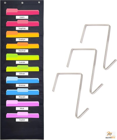 10-Pocket Rainbow Classroom Pocket Chart - Black: Wall File Organizer for File Folders, Mailbox, Papers - 3 Over Door Hangers