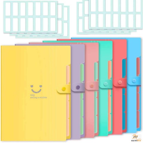 6-Piece Expanding File Folder Set: A4 Size Plastic Organizer with 5 Pockets + 168 File Folder Labels - for School, Office, Teachers