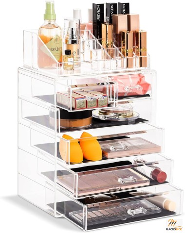 Clear Cosmetic Makeup Organizer: Spacious Storage for Make-Up, Jewelry - Great for Dresser, Bathroom, Vanity - 4 Large, 2 Small Drawers