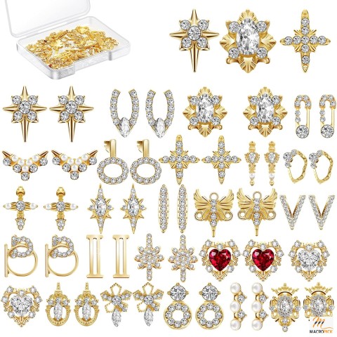 48-Piece 3D Shiny Nail Rhinestones: Luxury Metal Jewelry Charms - Gold Heart Gems for DIY Nail Art, 24 Styles Included