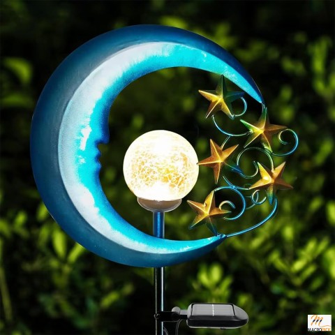 Solar Outdoor Garden Lights: Waterproof Crackle Glass Globe LED Landscape Lighting for Pathway, Yard, Lawn, Patio - Stars Moon