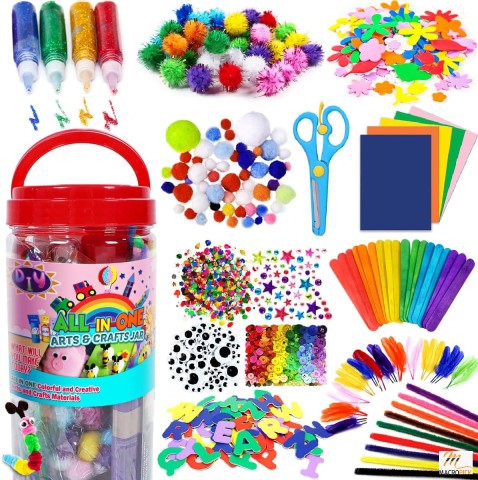 Children's Arts and Crafts Kit: Ages 4-12 - Glitter Glue, Pipe Cleaners, Craft Tools - DIY School Supplies