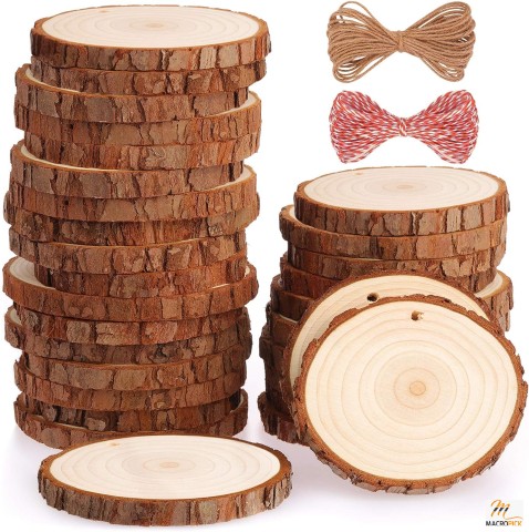 30-Pack Natural Wood Slices: 2.8-3.1 Inches, Unfinished with Hole - Wooden Circles for Crafts, Ornaments, DIY Projects