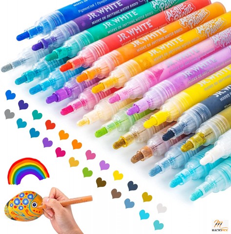 Pack of 12 Assorted Acrylic Pens with 2mm Medium Tip - Great For Painting On any Surface