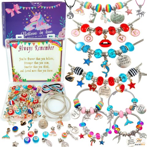 Charm Bracelet Making Kit: Beads, Unicorn/Mermaid Crafts - Gifts for Girls Teens Age 5-12 - Jewelry Making Supplies