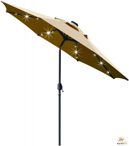 8-rib patio umbrella with solar LED lighting | 100% Polyester | 9ft, Light Tan