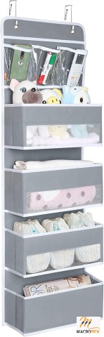 Door Hanging Nursery Organizer: 4 Large Pockets, 3 Small PVC Pockets for Cosmetics, Toys, Sundries - Grey