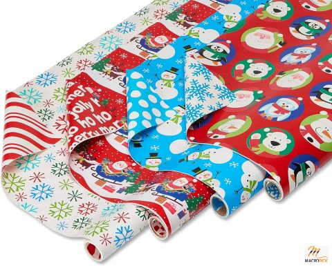 Kids Christmas Wrapping Paper Bundle: Santa, Snowflakes, Snowmen - 4 Rolls (30 in. x 16 ft.), Reversible
