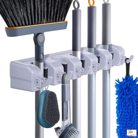 Heavy Duty Broom Holder Wall Mount: Organizer for Garden Tools, Garage, Laundry Room - Storage Rack with Hooks