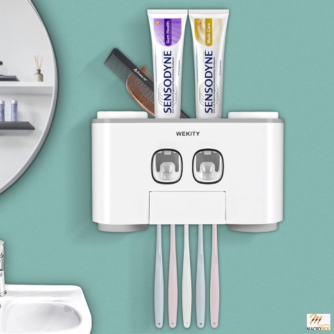 Multi-Functional Toothbrush Holder: Wall Mounted Dispenser for Bathroom, 5 Slots, 2 Squeezers, 4 Cups (Grey