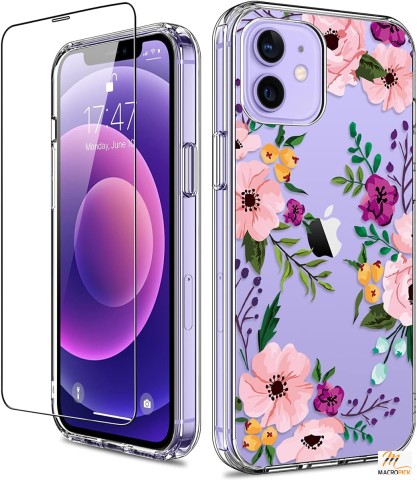 Clear Floral iPhone 12/12 Pro Case with Screen Protector: Full Body Protection, Shockproof Hard Case for Girls and Women