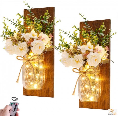 Handmade Mason Jar Sconces: Rustic Wall Decor with LED Fairy Lights, White Peony - Christmas Gift, Set of Two