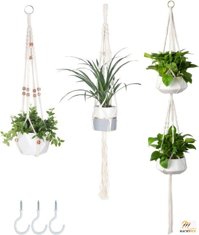 3-Pack Macrame Plant Hanger Set: Different Sized Hanging Planters with Hooks for Indoor Plants - Boho Home Decor, Ivory