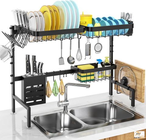 Adjustable Over-the-Sink Dish Drying Rack: 2-Tier with Multiple Baskets, Utensil Holder, Cup Holder - Large Kitchen Sink Organizer