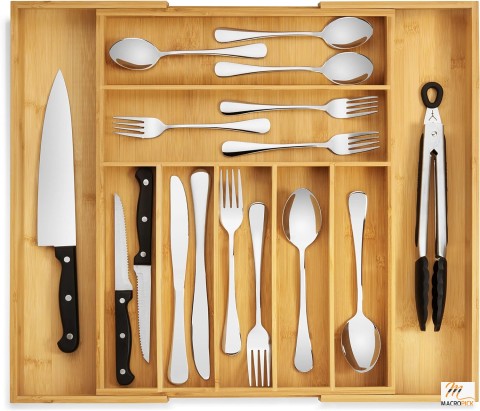 Expandable Bamboo Silverware Organizer: Large Tray for Kitchen Utensils - 17.5"x19.75", Dividers Included (Natural)