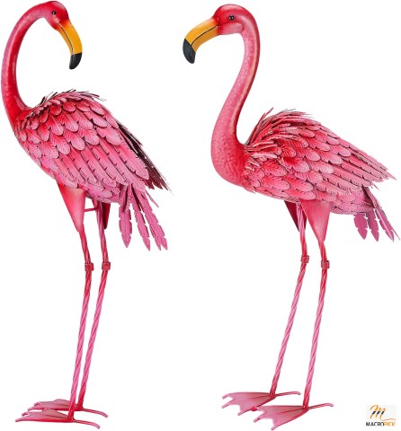 Set of 2 Flamingo Garden Statues: Pink Flamingo Sculptures for Outdoor Decor - Metal Yard Art for Patio, Lawn, Backyard