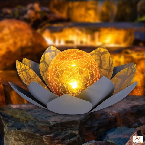 Amber Crackle Globe Glass Lotus Solar Lights: Outdoor Garden Decor, Waterproof Gray Metal Flower Light for Patio, Lawn, Walkway, Tabletop, Ground