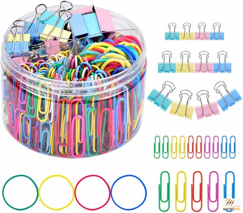 Different Colored Office Clip Set - Binder Clips - with Paper Clamps and rubber Bands - Office And School Supplies