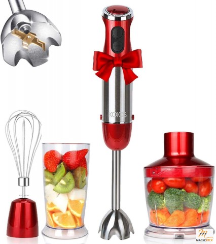4-in-1  800W Multifunctional Immersion Hand Blender By KOIOS, 12 Speed 304 Stainless Steel Stick Blender, Red