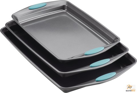 Rachael Ray Bakeware Nonstick Cookie Pan Set: 3-Piece, Gray with Blue Grips - Baking Essentials