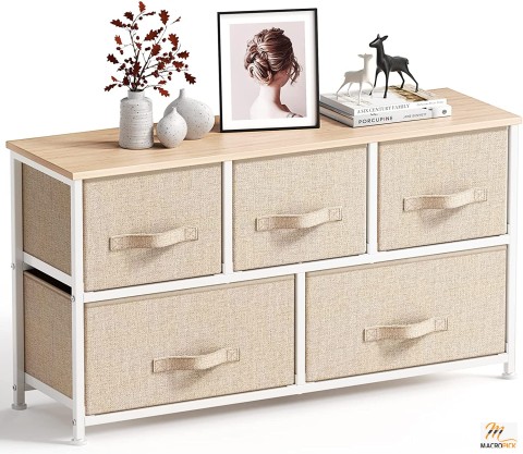 Fabric Dresser: 5-Drawer Wide Storage Tower, Wood Top, Easy Pull Handles - Closets, Living Room, Nursery, Hallway