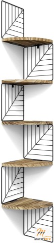 5-Tier Rustic Wood Floating Corner Shelf: Wall Mount, Carbonized Black - Ideal for Bedroom, Living Room, Bathroom, Kitchen, Office
