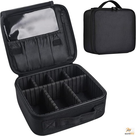 Portable Travel Makeup Case: Organizer with Adjustable Dividers for Cosmetics, Brushes, Toiletries, Jewelry, & Accessories - Black