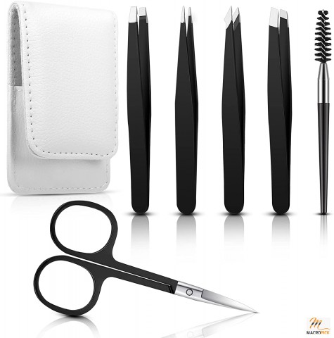 6-Piece Eyebrow Tweezers Set + Curved Scissors & Eyelash Brush: Stainless Steel Brow Tools in Leather Case - Women's Facial Hair Plucking Kit