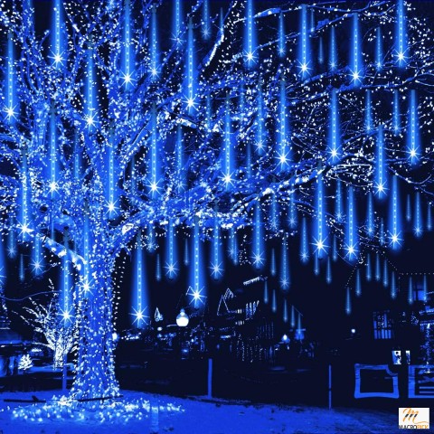 Falling Rain Drop Lights: UL Certified Meteor Shower Lights for Xmas Holiday Tree Garden Decor, Blue, 12Inch 8Tubes