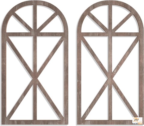 Set of 2 Rustic Wood Farmhouse Window Frame Wall Decor, Antique Vintage Cathedral Pane Arch Wall Décor, Brown, 15.75x31.5