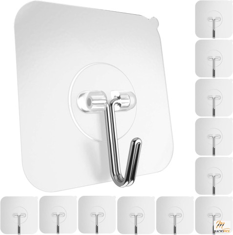 12 Pack Adhesive Hooks for Hanging Heavy Duty 22 lbs: Easy to Hang Robe Towel Sticky Clear Hooks, Waterproof Adhesive Wall Hooks