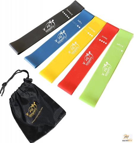 Fit Simplify Resistance Loop Exercise Bands - Set of 5 with Instruction Guide and Carry Bag