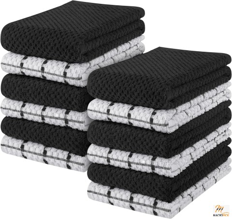 Pack of 12 Black Dish Towels, Tea Towels, and Bar Towels - 100% Ring Spun Cotton, Super Soft, Absorbent - 15 x 25 Inches