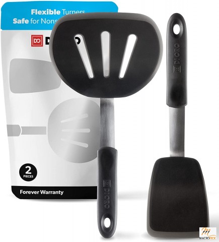 Silicone Turner Spatula Set - Nonstick Cookware Kitchen Spatulas - Flexible & Heat-Resistant Cooking Utensils - 2pc, Black