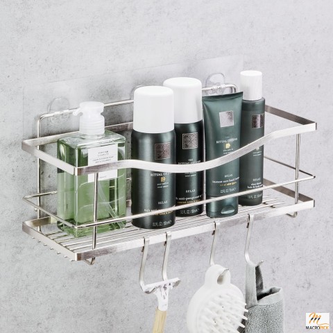 Self-Adhesive Premium Shower Shelf with 4 Hooks - Large Capacity Stainless Steel Rack - No-Drill Bathroom Organizer - Polished Silver